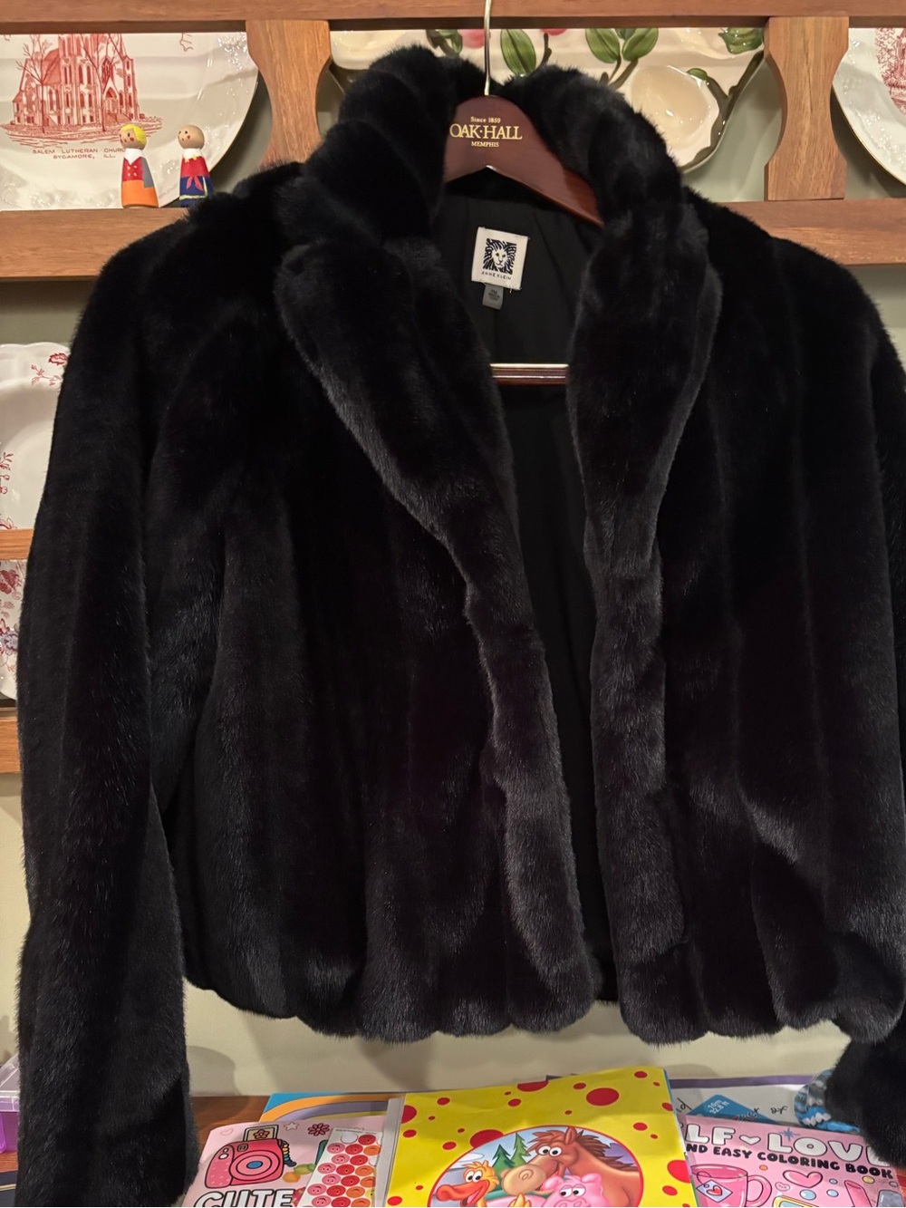Anne Klein Black Faux Fur Teddy Jacket with Plush Collar